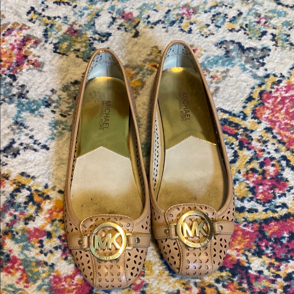 Michael Kors Tan Emblem Leather Flats with MK Medallion Size 10